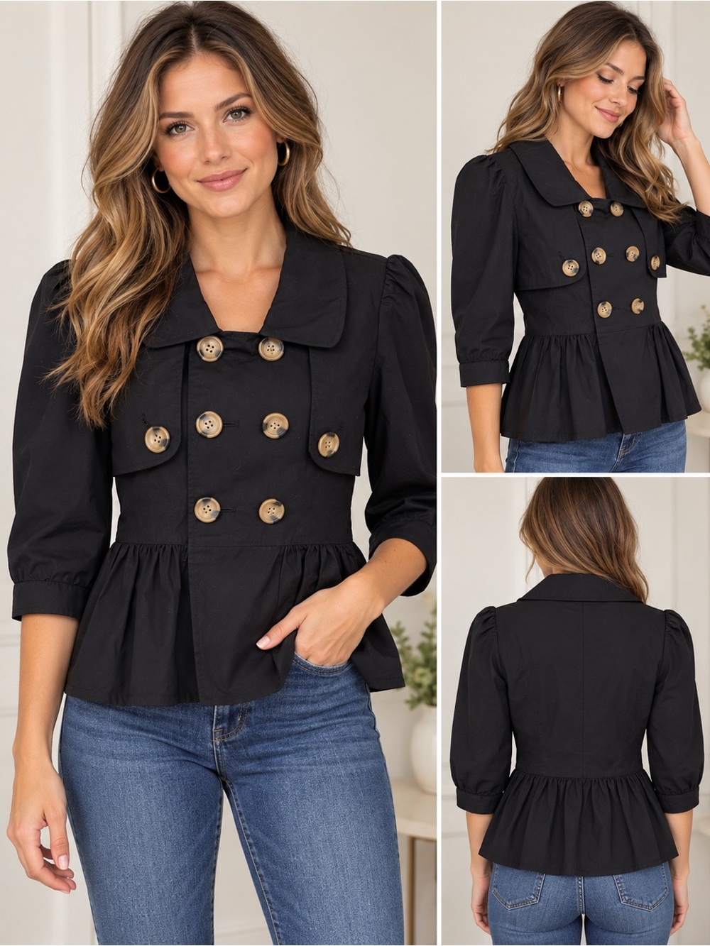 Priorities Woman Black Double Breasted Peplum Jacket Size Small Puff 3/4 Sleeve